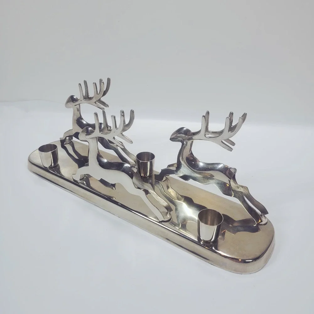 CRATE & BARREL Triple‎ Taper Reindeer Polished Silver Candle Holder 13